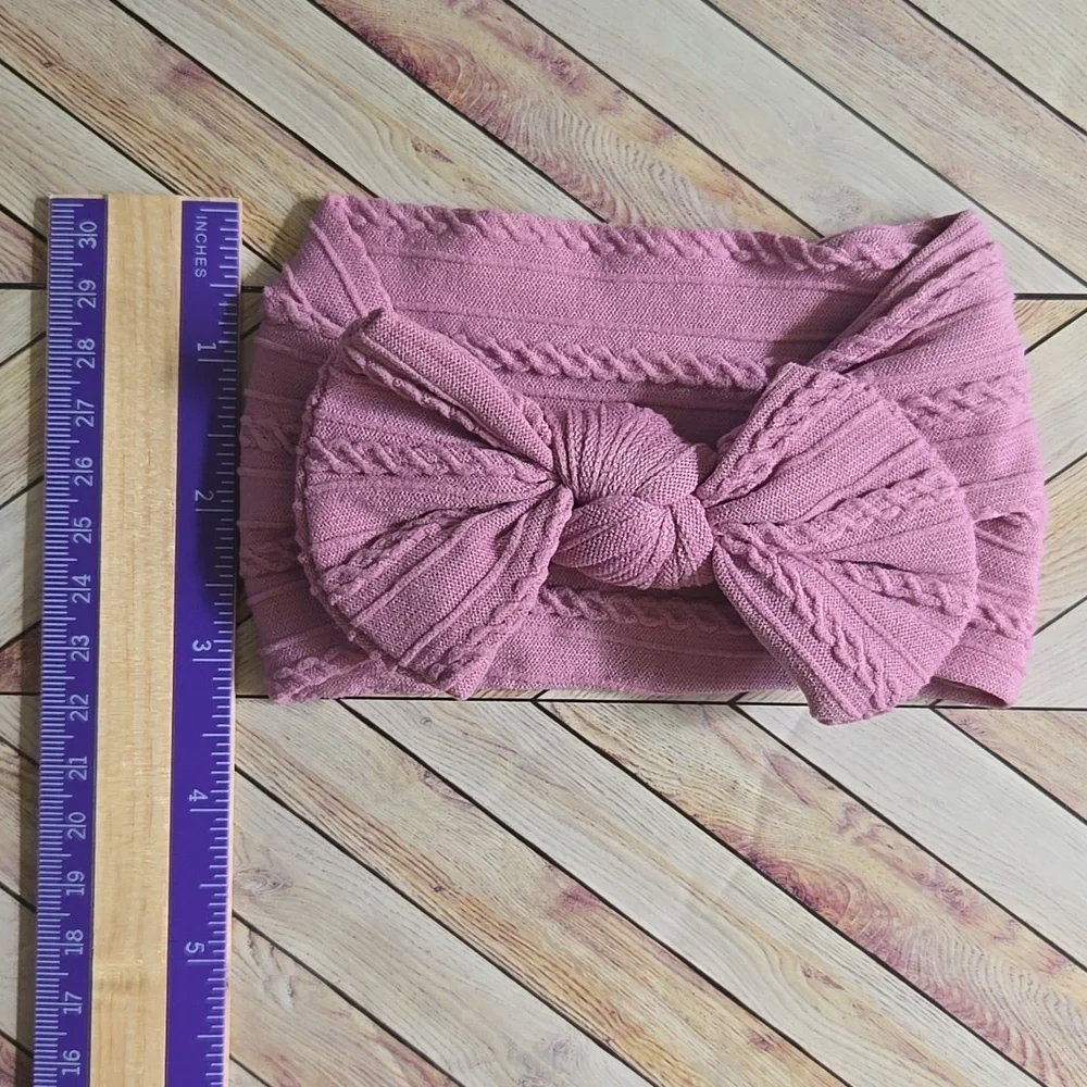 Boho Bowknot Headband Cable Knit Baby Girl Nylon Mauve Kids Handmade Hair Band
